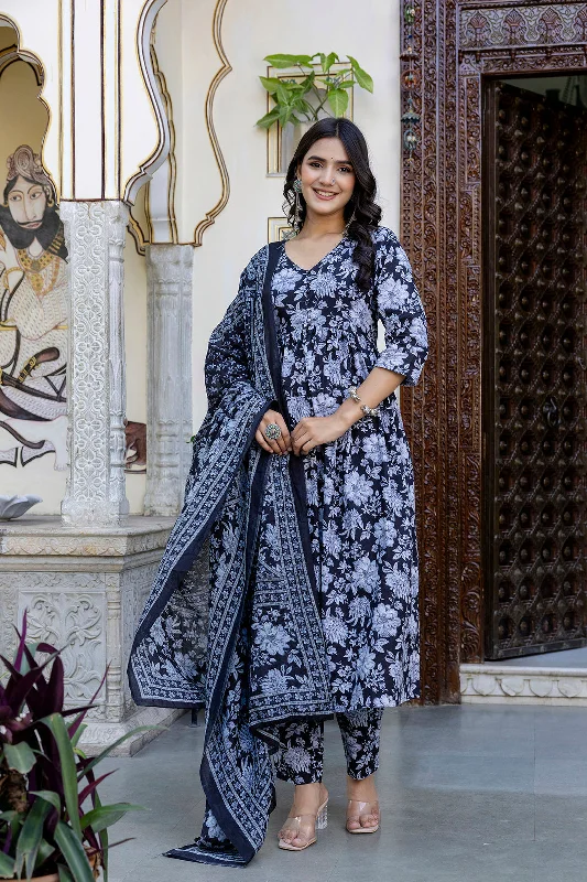 Women Black Floral Printed Anarkali Kurta And Trouser With Dupatta Trousers Business Professional