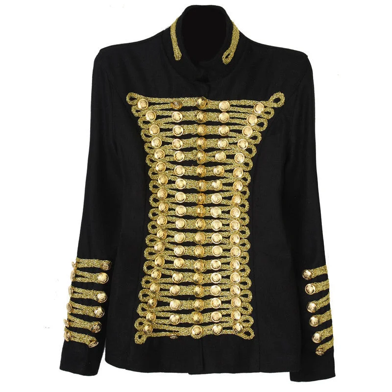 Runway Fashion Rock Punk Jacket Women's Wool Blends Gold Buttons Army Napoleon Jacket Tailored Jacket Straight Jacket A-Line Jacket