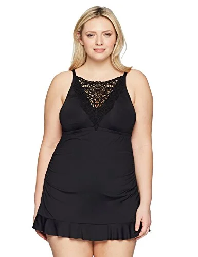 BECCA ETC Women's Plus Size Venise Skirty One Piece Swimsuit, Black, 0X leather skirt modern