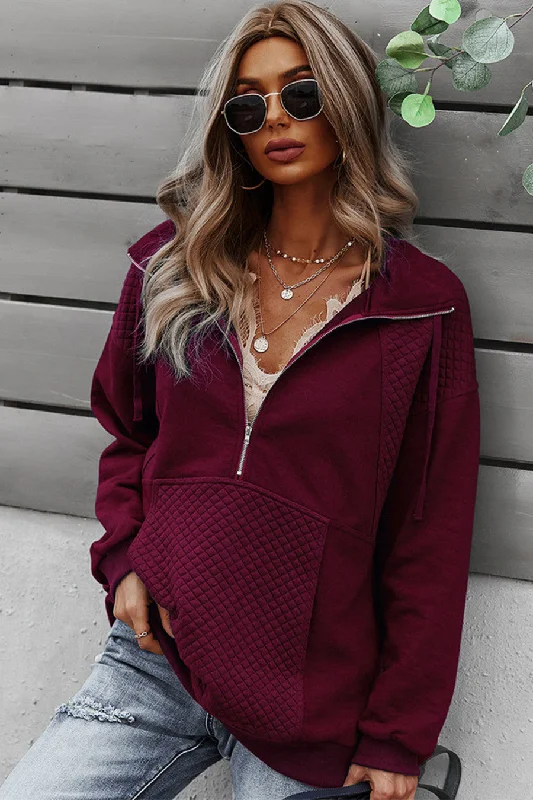 Quilted Zip Up Pullover - Burgundy Lapel Neck Sweater