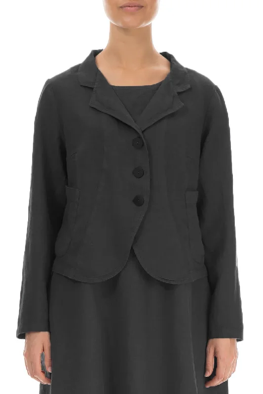 Buttoned Black Linen Jacket A-Line Jacket Boat Neck Shawl Collar