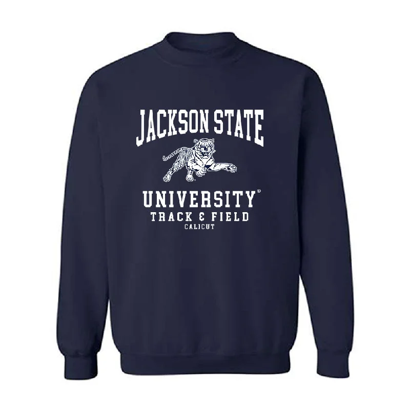 Jackson State - NCAA Women's Track & Field : Callie Calicut - Crewneck Sweatshirt Hoodie with Hem Raw Edge Edgy Unfinished