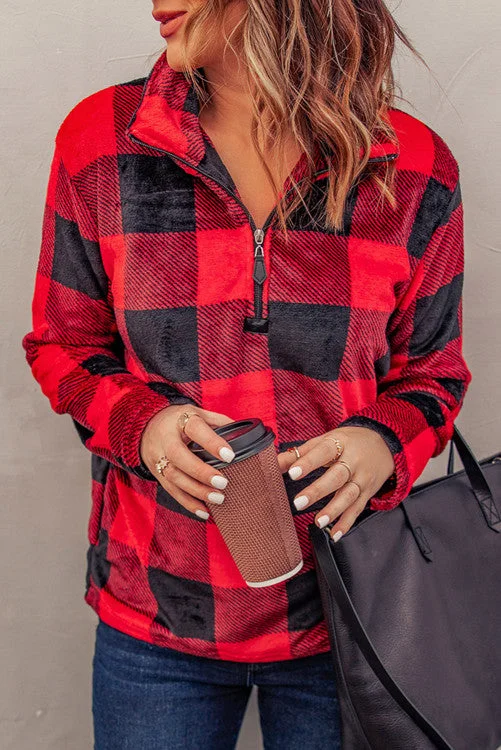 Plush Buffalo Plaid Pullover - Red One Shoulder Top