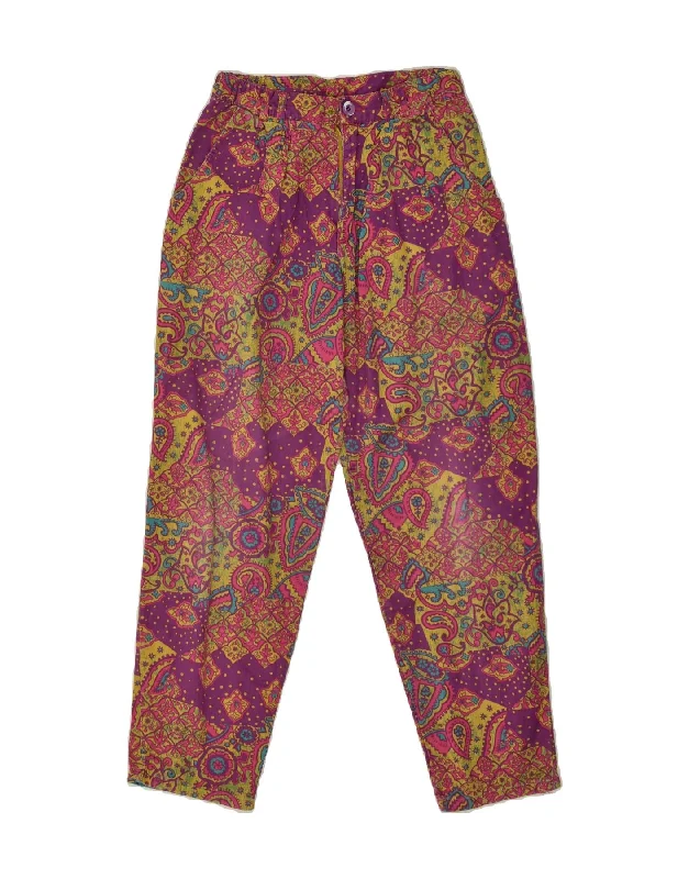 VINTAGE Womens Slim Casual Trousers W26 L27  Purple Paisley Trousers Leather Faux