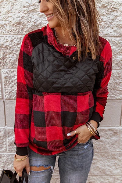 Buffalo Plaid Quilted Pullover - Red Bardot Neck Top