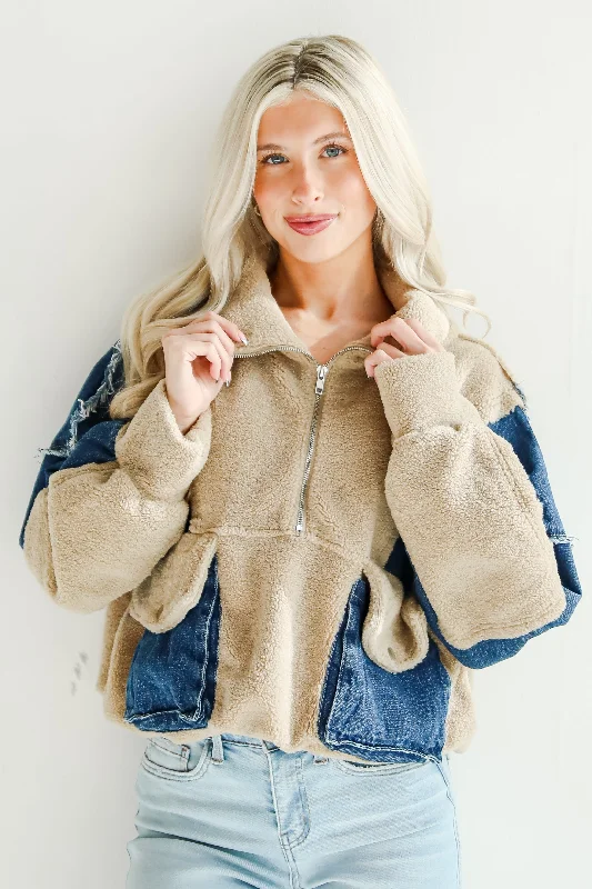 Nearest And Dearest Taupe Teddy Denim Quarter Zip Pullover Ruffled Neck Pullover