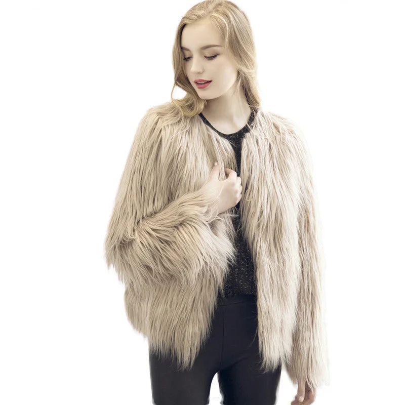 Chic soft faux fur coat women Fluffy warm long sleeve female outerwear black elegant coat jacket hairy overcoat Welt Pockets Slit Pockets Flap Pockets