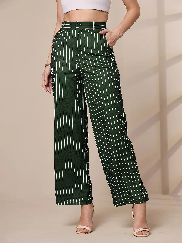 Women Green Striped Straight Wide Leg Trousers Trousers Polka Dot Cute