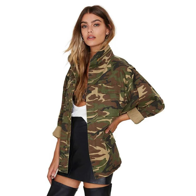 Women Loose Camouflage Coat Stand Collar Pocket Long Sleeve Zipper Outwear Jacket Corduroy Jacket Velvet Jacket Brocade Jacket