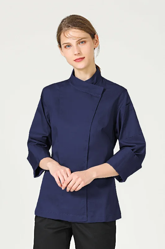 Rosemary Female Navy Blue Chef Jacket, Long Sleeve Welt Pockets Slit Pockets Flap Pockets