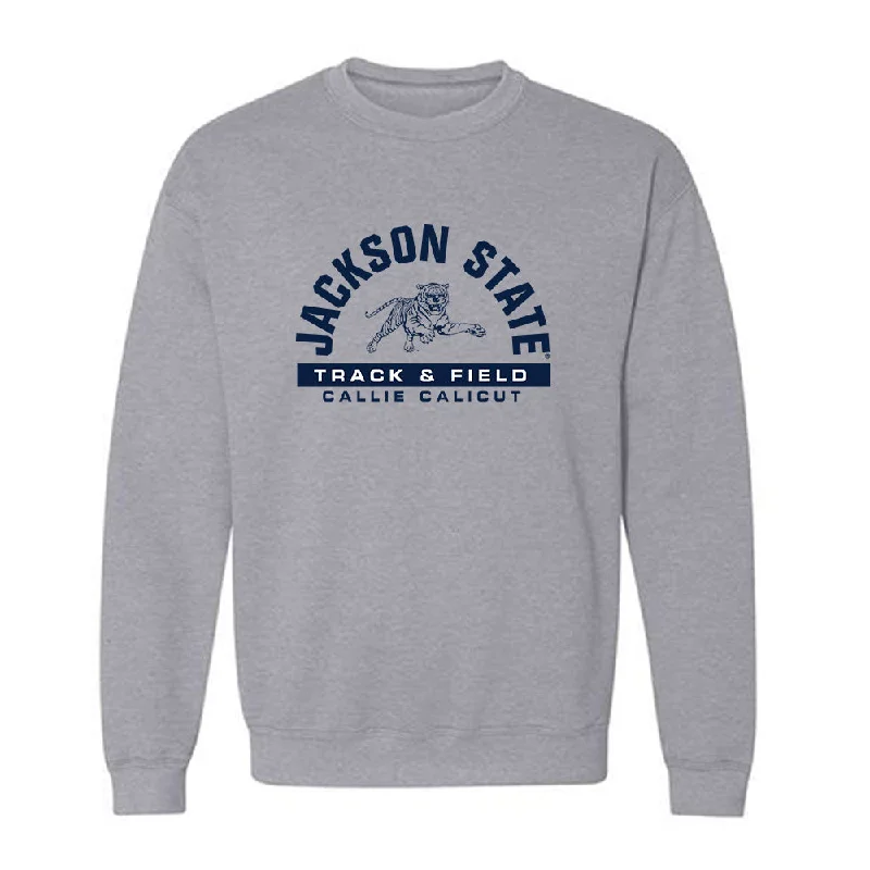 Jackson State - NCAA Women's Track & Field : Callie Calicut - Classic Fashion Shersey Crewneck Sweatshirt Hoodie with Hem Patch Decorative Personalized