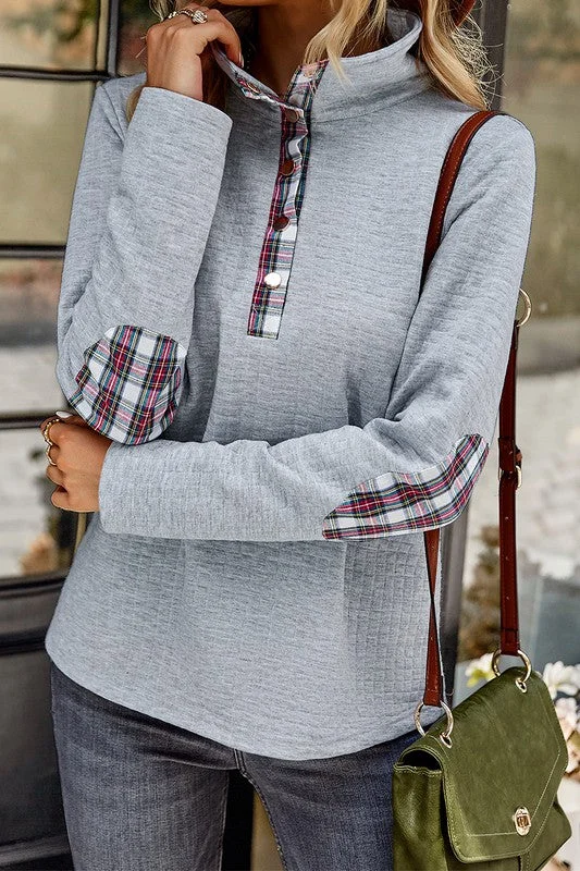 Plaid Quilted Pullover - Gray Jewel Neck Pullover