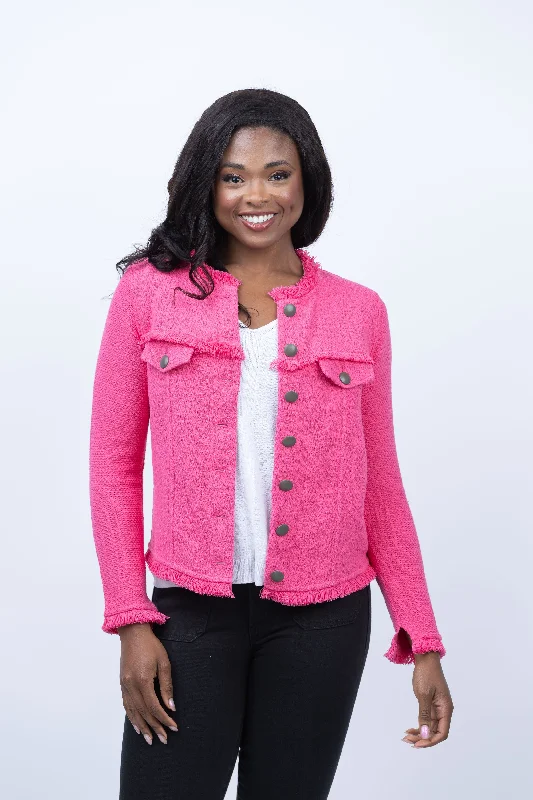 Nic+Zoe Utility Fringe Mux Jacket in Wild Pink Print Jacket Jacquard Jacket Embroidered Jacket