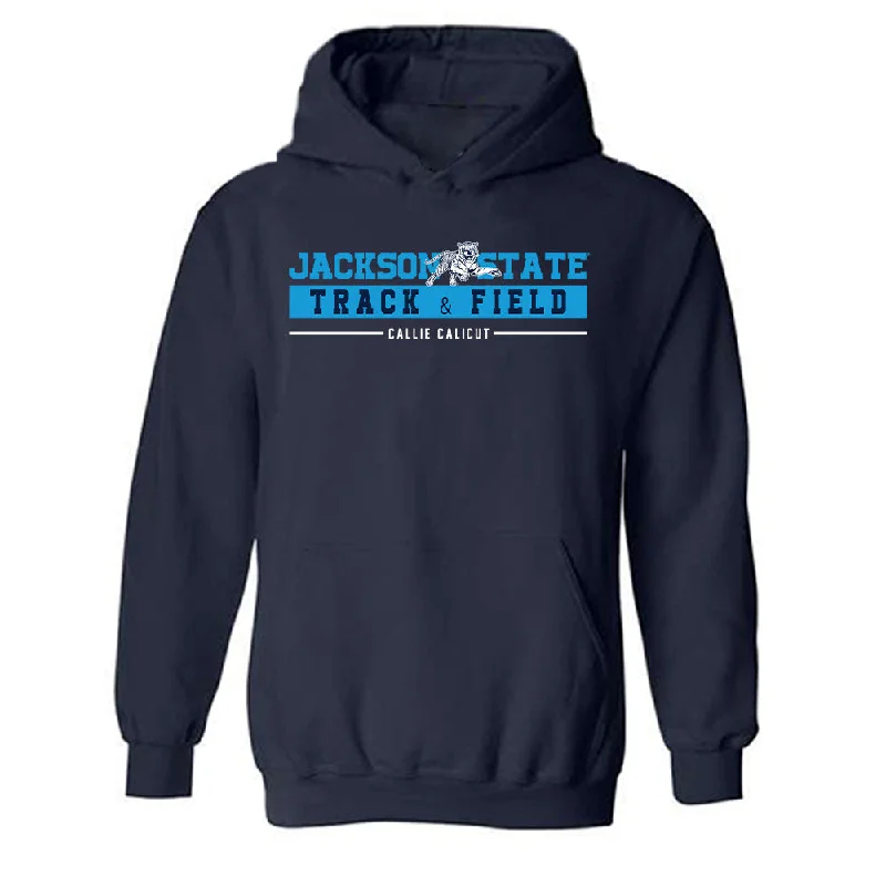 Jackson State - NCAA Women's Track & Field : Callie Calicut - Classic Fashion Shersey Hooded Sweatshirt Hoodie with Hem Frayed Vintage Worn