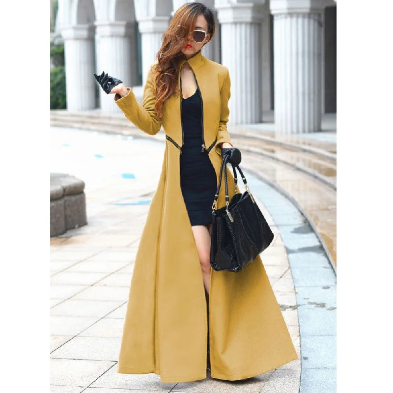 Fashion Women Wool Coat Overcoat Patchwork Warm Long Jacket Maxi Dress Welt Pockets Slit Pockets Flap Pockets