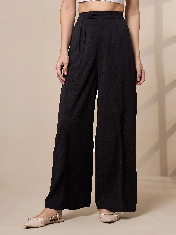 Women Black Pleated Wide Leg Trousers Trousers Occasion Special