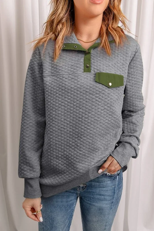 Snap Quilted Pullover - Charcoal and Olive Oversized Cozy Pullover