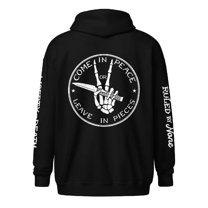 Come in Peace or Leave in Pieces Heavyweight Zip Hoodie Hoodie with Puffed Sleeves Voluminous Trendy