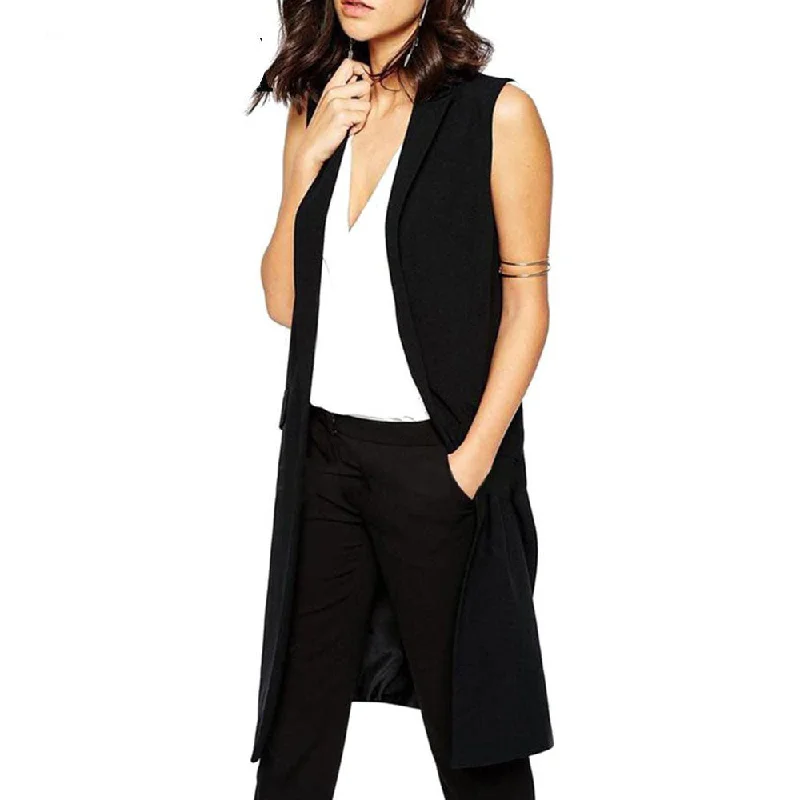 Long Vest Waistcoat Female Sleeveless Women Outwear Longline Jacket Pocket Blazer Coat Black Suit Vest Zippered Front Buttoned Front Snap Front