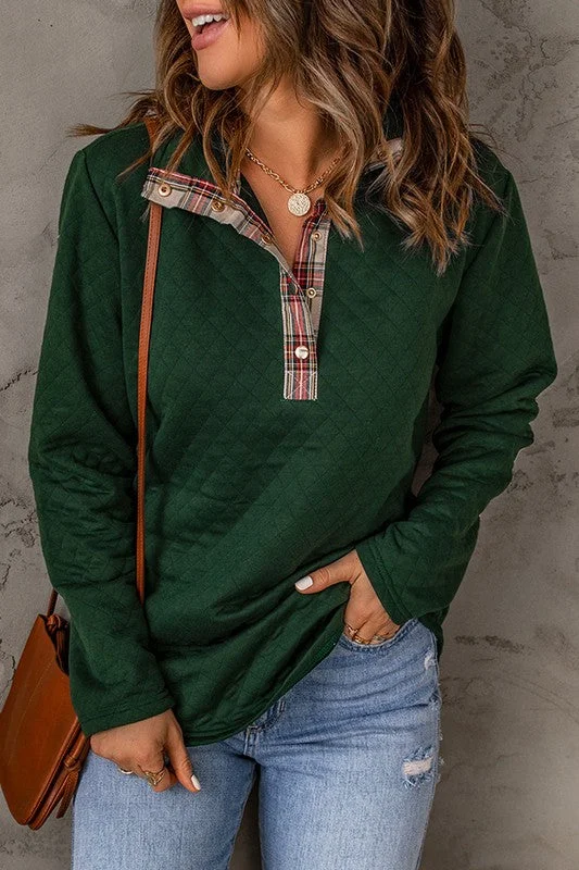 Snap Quilted Pullover - Plaid Green Cable Knit Chunky