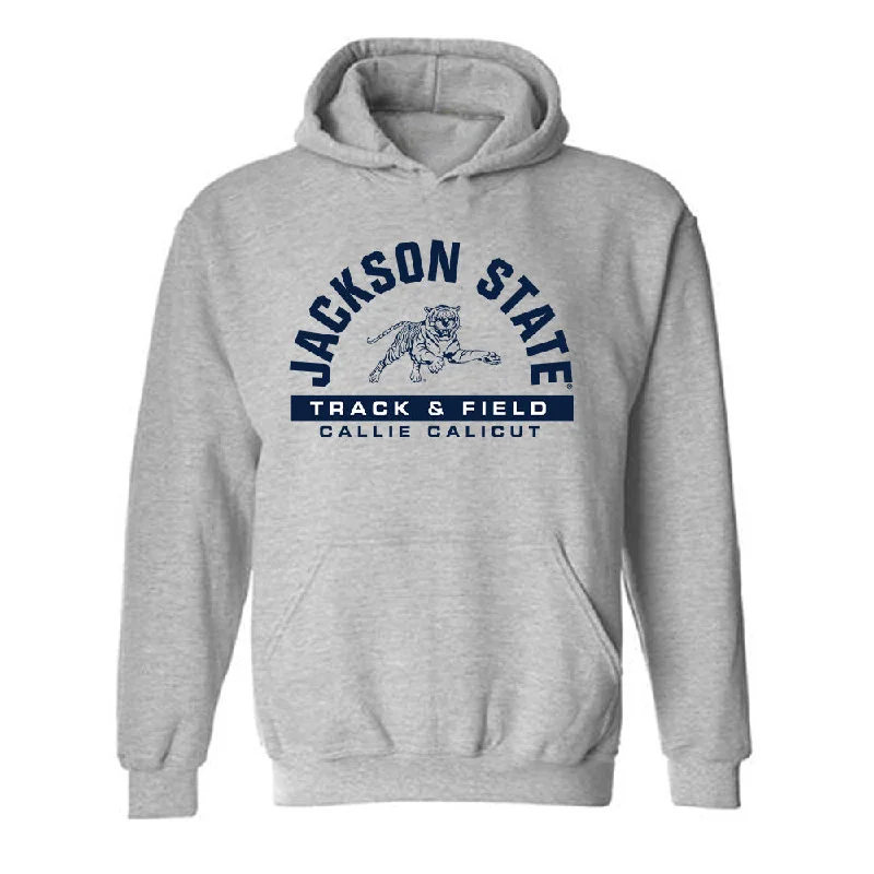 Jackson State - NCAA Women's Track & Field : Callie Calicut - Classic Fashion Shersey Hooded Sweatshirt Hoodie with Hem Applique Textured Unique