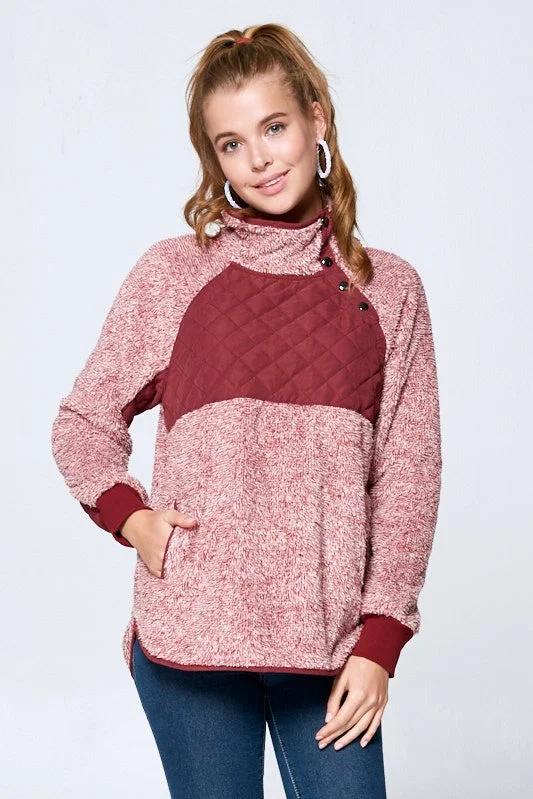 Fleece Pullover with Snaps - Burgundy Port Neck Pullover