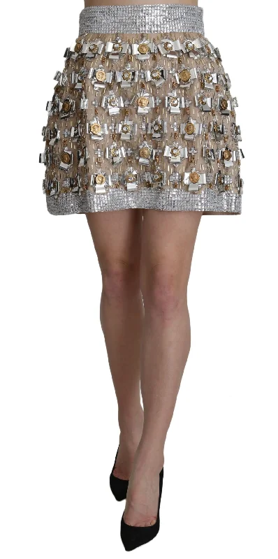 Silver Embellished High Waist Mini Skirt lace skirt intricate