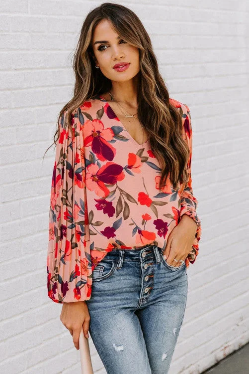 Pink Floral Long Sleeve Pullover Blouse Keyhole Neck Pullover