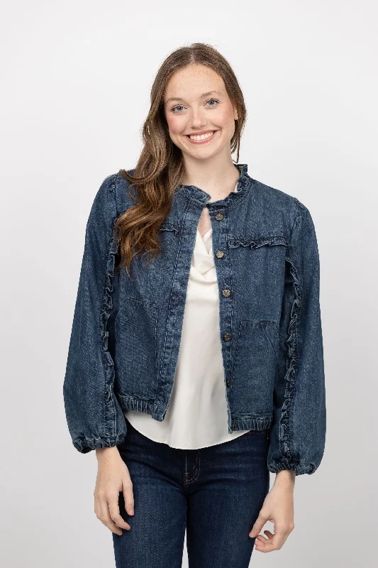 Cleobella Paxton Jacket in Medium Denim Welt Pockets Slit Pockets Flap Pockets