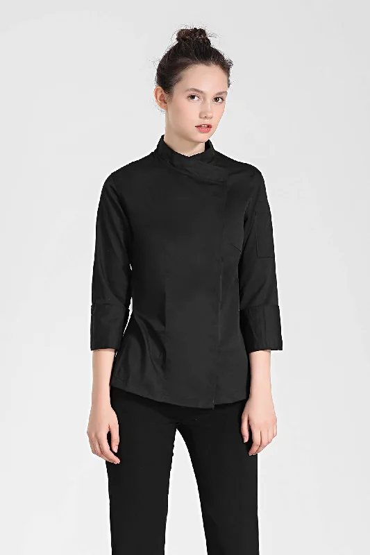 Rosemary Female Black Chef Jacket, Long Sleeve Stand-Up Collar Roll-Neck Collar Turtle Neck