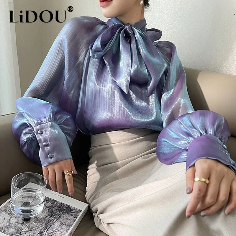 Tops Women Spring Summer Long Sleeve Office Lady Korean Style Solid Bow Casual Pullovers Loose Popularity Fashion Bright Silk Asymmetrical Hem Sweater