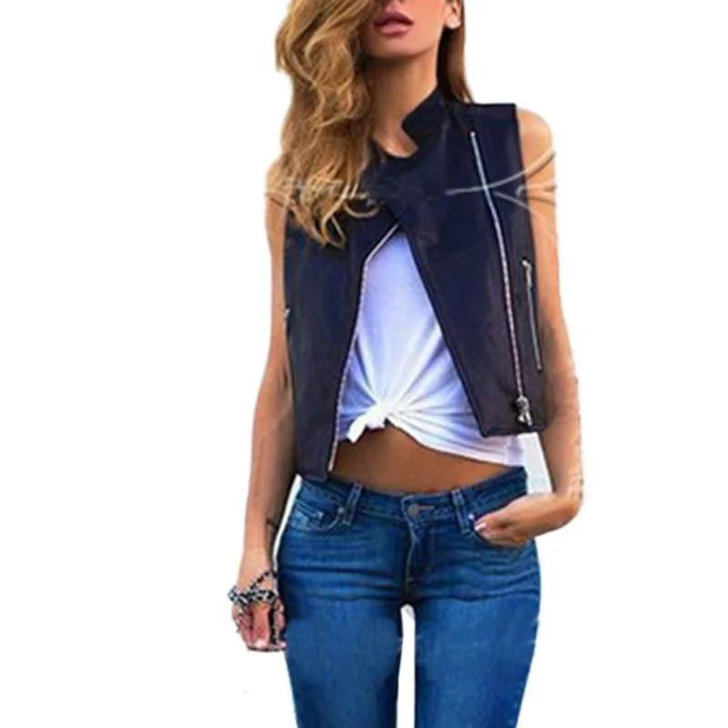 Women Short Jacket Motorcycle Leather Vest Sleeveless Short Design Slim Vest Female Notch Collar Jacket Peter Pan Collar Jacket Cowl Neck Jacket