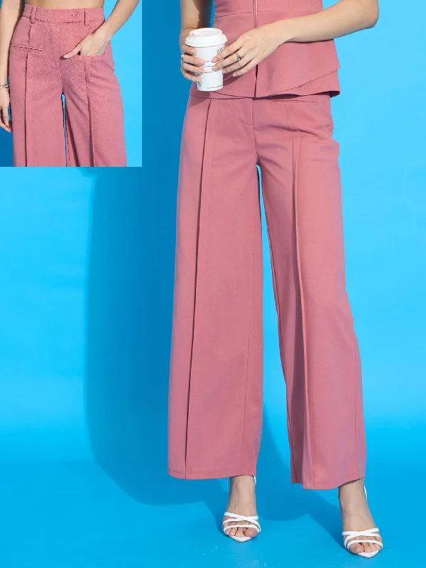 Women Peach Front Pleated Straight Fit Trousers Trousers Recommended Stylist