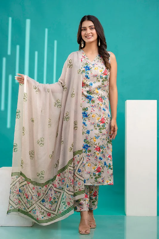 Women Beige Printed Kurta With Trouser and Dupatta Trousers Low Rise Relaxed