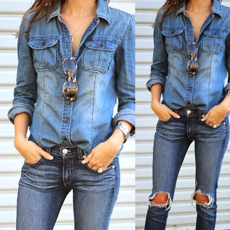 Vintage Women Long Sleeve Casual Denim Shirt Tops Blouse Jacket Print Jacket Jacquard Jacket Embroidered Jacket