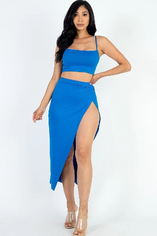 Crop Cami & Split Thigh Maxi Skirt Set linen skirt relaxed