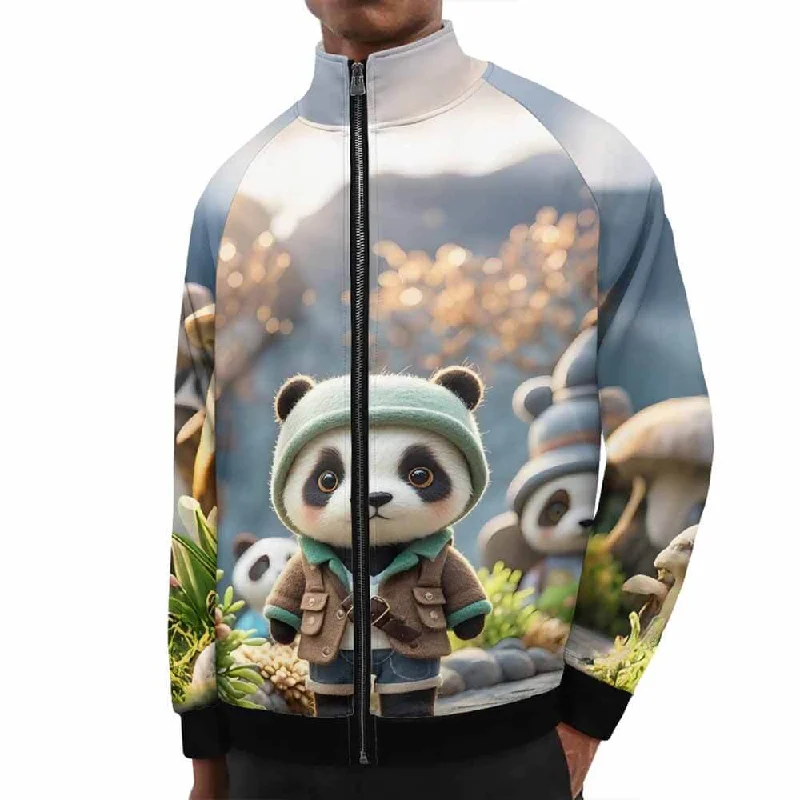 Travel Panda Stand Collar Zip Jacket Front Pockets Side Pockets Patch Pockets