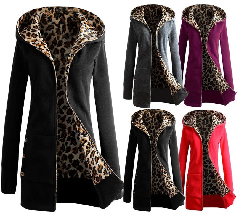 Autumn Winter Fashion Womens Leopard Printed Zipper Up Hooded Coat Jacket Long Sleeve Outwear Sweatshirts Embroidered Jacket Appliqued Jacket Beaded Jacket