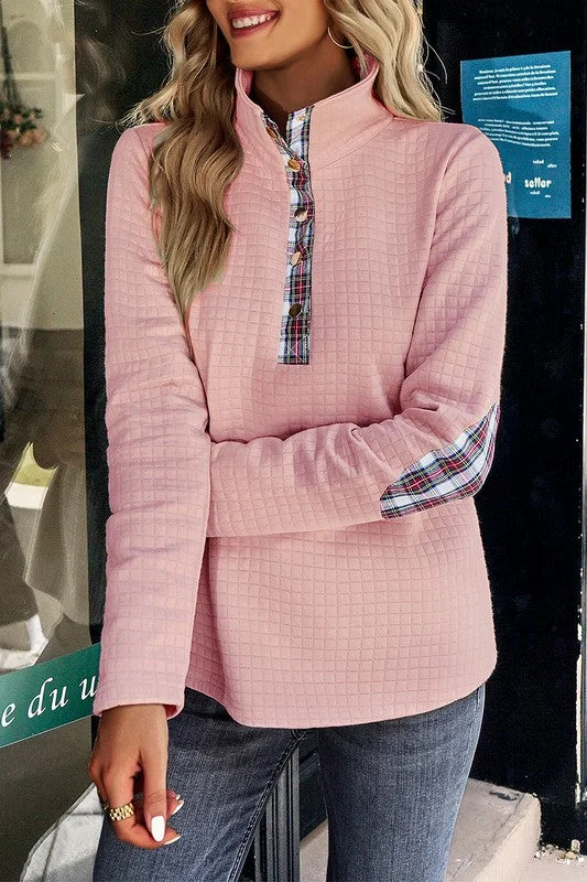 Plaid Quilted Pullover - Pink Honey Neck Pullover