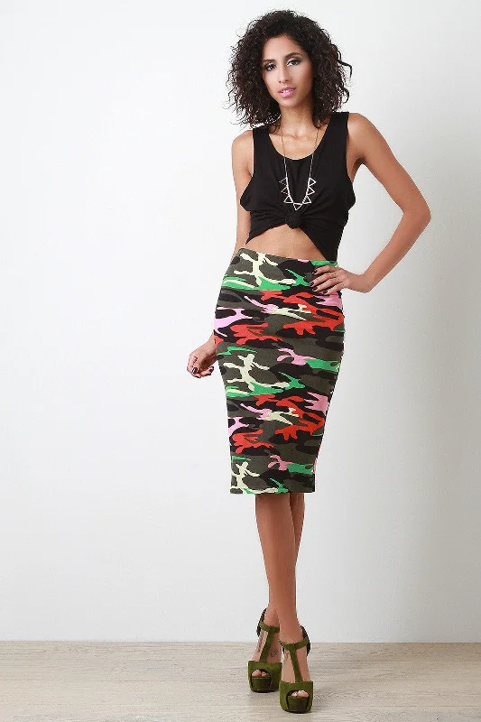 Colorful Camouflage Print Midi Pencil Skirt silk skirt luxurious