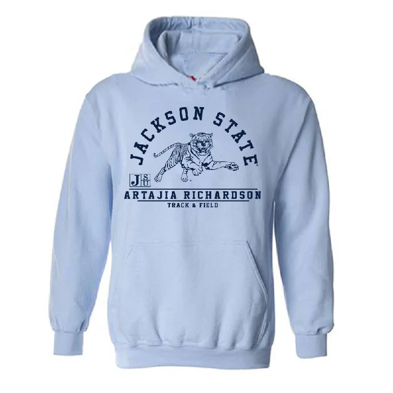 Jackson State - NCAA Women's Track & Field : Artajia Richardson - Classic Fashion Shersey Hooded Sweatshirt Hoodie with Hem Applique Textured Unique