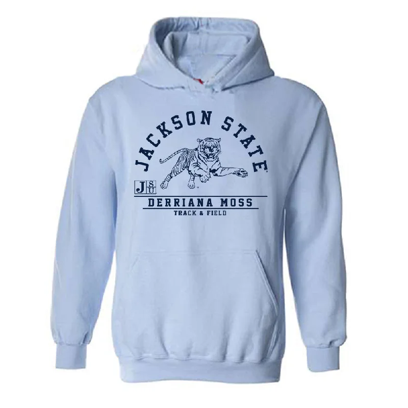 Jackson State - NCAA Women's Track & Field : Derriana Moss - Classic Fashion Shersey Hooded Sweatshirt Hoodie with Hem Embroidery Detailed Premium