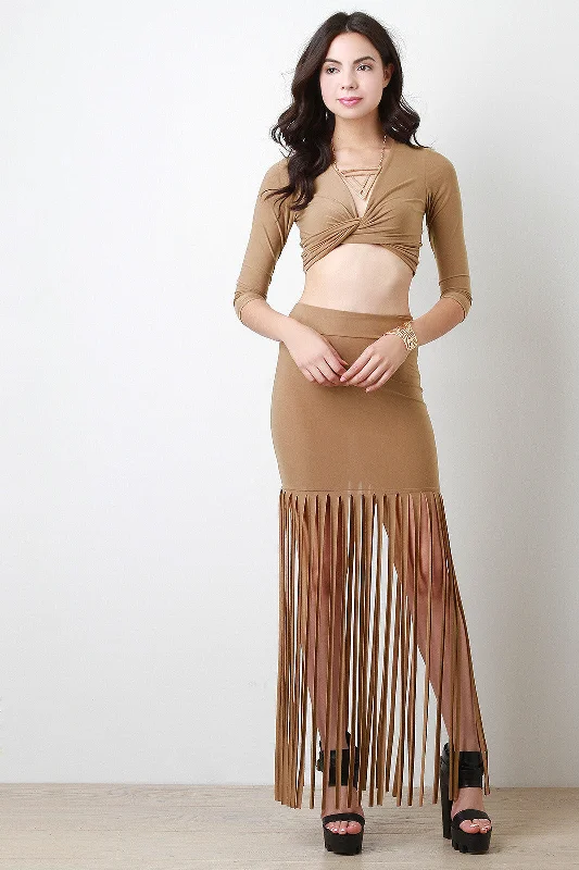 Fringe Accent Maxi Skirt cashmere skirt fine