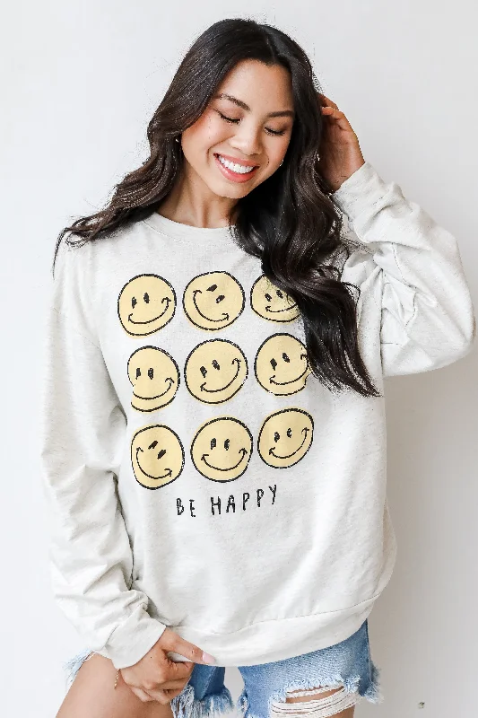 Be Happy Smiley Face Pullover Saggy Sleeve Comfort