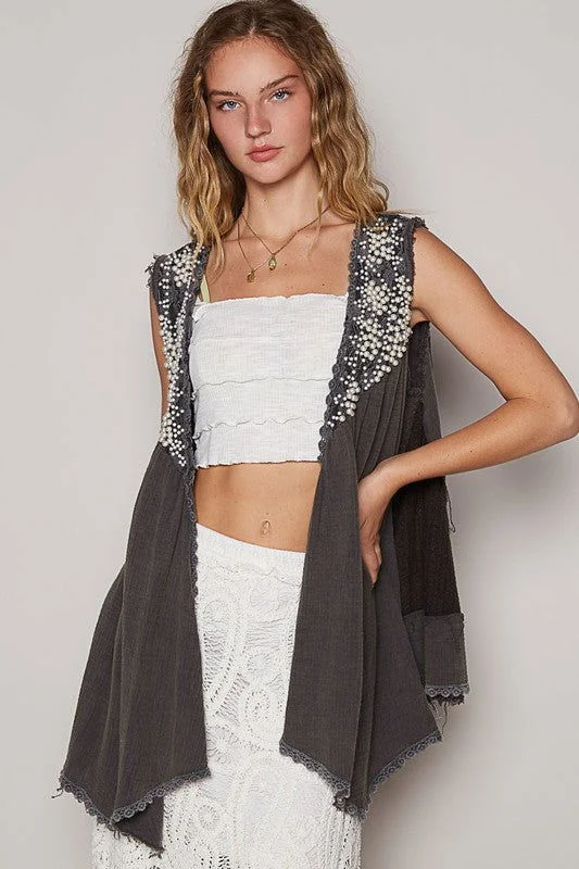 POL Embroidered Pearls Open Front Sleeveless Cardigan Cable Knit Ribbed Knit Lace Knit