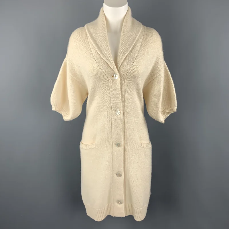 RALPH LAUREN M Cream Cashmere Blend Shawl Collar Sort Sleeve Long Cardigan Terry Blend Velvet Blend Canvas Blend