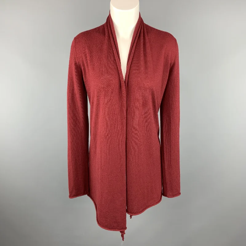 DONNA KARAN Size S Burgundy Cashmere Cardigan Asymmetrical Sweater Welt Pockets Slit Pockets Flap Pockets