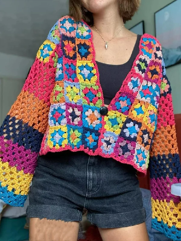 BOHO Plaid Flower Hand Made Crochet Cardigan Embroidered Appliqued Beaded