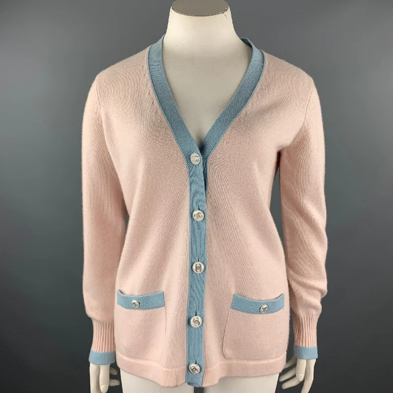 CHANEL Size 10 Pink Knitted Blue Trim Cashmere Cardigan Knit Fabric Woven Fabric Fleece Fabric