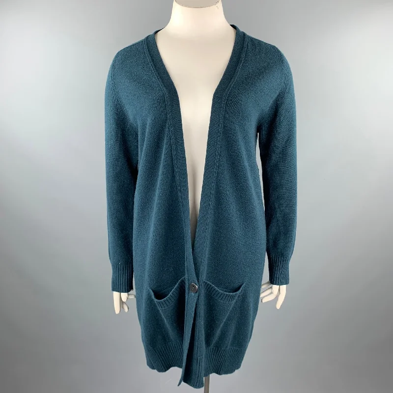 HERMES Size 10 Dark Green Knitted Cashmere Buttoned Cardigan Front Pockets Side Pockets Patch Pockets